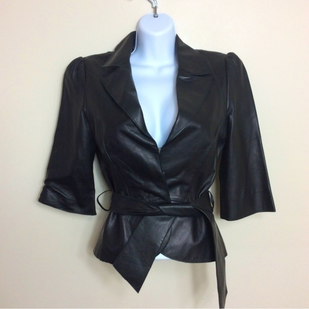 Twelfth Street by Cynthia Vincent 1/2 sleeve black leather jacket. Size 6